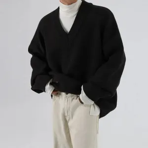 CHICMY-Winter Men's Sweater Vintage V-neck Sweater Pullover Korean Fashion Thicken Loose Casual Solid Color Knitted Sweater for Men