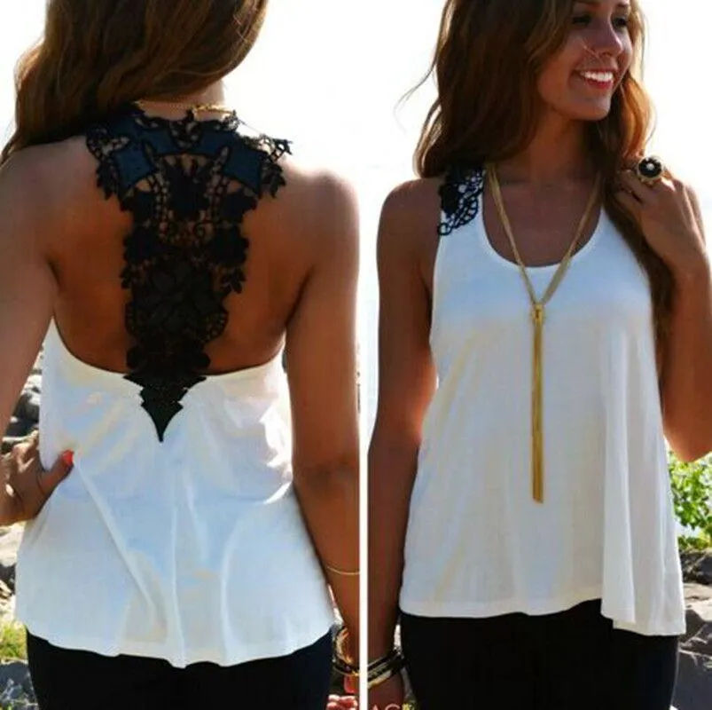 Lace Patchwork Hollow Backless Sleeveless Scoop Vest
